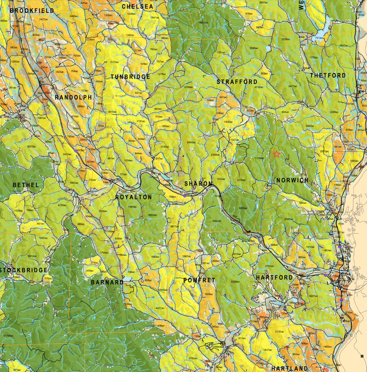 This map shows forested areas identified as higher priority for conservation in Norwich. If you own forest you would like to conserve, please contact the Norwich Conservation Commission for more information.